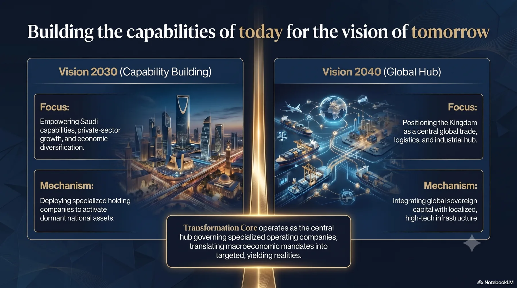 Transformation Core Vision 2030 capability building and Vision 2040 global hub.
